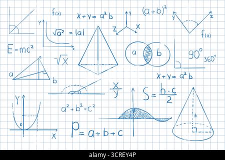 Symboles mathématiques formules au crayon bleu dessinées à la main sur fond de page de carnet. Symboles d'esquisse équations mathématiques, schémas formes géométriques. . Illustration vectorielle Illustration de Vecteur