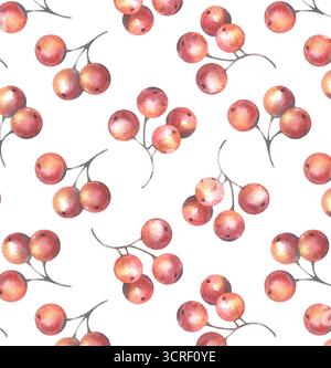 Motif sans couture avec baies rouges. Illustration aquarelle peinte à la main isolée sur blanc pour l'impression sur textile, papier peint, emballage, cartes Banque D'Images