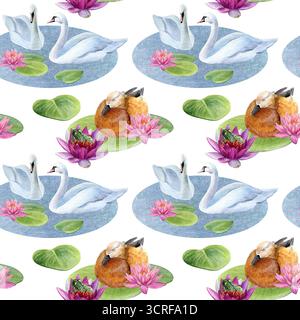 Motif aquarelle sans couture avec cygnes, canard, grenouille et nénuphars roses dans un étang. Bon pour les cartes postales, le papier peint, les invitations, les cartes de voeux Banque D'Images