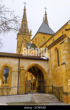 Belle Cathédrale Collegiale de Neuchâtel et branche avec ciel dans la ville de Neuchâtel, Canton Neuchâtel, Suisse Banque D'Images