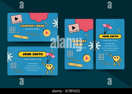 Design de carte de visite de style dessin animé lumineux avec icônes ludiques, formes audacieuses et mise en page joyeuse. Parfait pour la marque créative et moderne Illustration de Vecteur