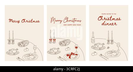 Fantaisiste invitation à dîner de Noël dessinée à la main et modèles de cartes de voeux. Menu de vacances minimal doodle, affiche festive, conception de bannière de célébration Illustration de Vecteur