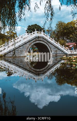 Vue d'un pont serein en pierre voûté reflété dans les eaux calmes, encadré par des branches de saule pleuvrantes sur fond de verdure luxuriante, Dali, Yunnan, Chine. Banque D'Images