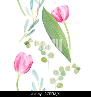 Tulipes roses avec feuilles d'eucalyptus bordure sans couture aquarelle isolée sur blanc. Parfait pour mariage, arrangements floraux de printemps, cartes, textile Banque D'Images
