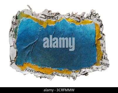 Journal bleu déchiré pour fond de cadre de texte isolé sur fond blanc avec chemin de détourage Banque D'Images