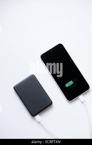 Banque d'alimentation portable pour charger la batterie de téléphone portable avec mode de charge rapide, isolé sur fond blanc. Banque D'Images