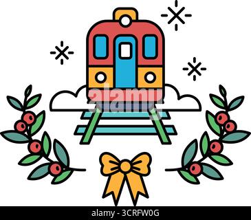 Un train est sur une piste avec une couronne de feuilles et de baies. Le train est rouge et bleu Illustration de Vecteur
