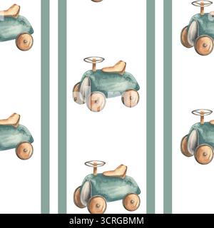 Vintage cartoon card and geometric elements watercolor seamless pattern in pastel green and beige colors. Watercolor baby boy background with cute veh Banque D'Images