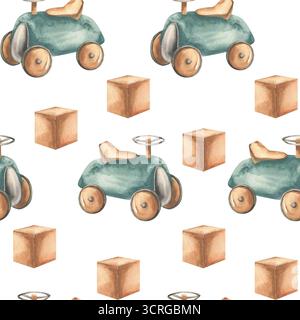 Modèle sans couture de bébé garçon dans des couleurs pastel avec des voitures de dessin animé vintage et des cubes en bois illustration aquarelle. Enfants dessinés à la main premiers jouets fond f Banque D'Images