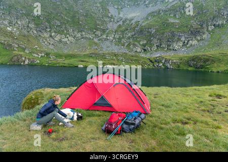 camping avec chien et tente rouge en haute montagne Banque D'Images