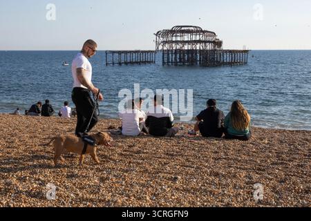 Les gens assis sur la plage dans le soleil de l'après-midi avec Brighton West Pier derrière, Brighton, East Sussex, Angleterre, Royaume-Uni, Europe Banque D'Images