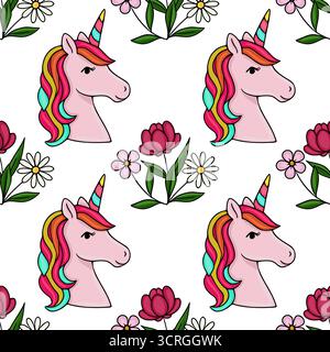 Adorable illustration vectorielle de tête de licorne rose avec une crinière arc-en-ciel vibrante et des éléments floraux ludiques, parfaits pour la fantaisie et les thèmes des enfants. Illustration de Vecteur