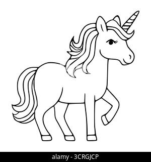 Licorne stylisée avec une crinière et une queue coulantes, une corne en spirale et une expression douce, présentée comme une illustration vectorielle d'art de ligne propre sur un dos blanc Illustration de Vecteur