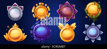 Collection de badge avatar de jeu avec cadres décoratifs - médailles d'or, boucliers d'argent et orbes violets avec bordures ornementales pour les profils des joueurs. Icônes de réalisation de fantaisie ou éléments de système de classement Illustration de Vecteur