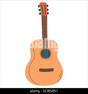 Une guitare acoustique simple avec une finition bois clair et six cordes. La guitare a un trou sonore rond et une forme de corps lisse. Illustration de Vecteur