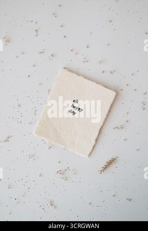 citation inspirante 'oh happy day' écrite sur papier aquarelle avec des roseaux beiges sur fond blanc. Plat, vue de dessus. Minimaliste, élégant, tendance Banque D'Images