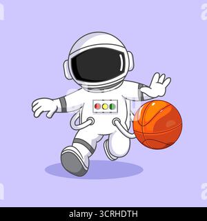 Mignon astronaute dribbling Basketball dans l'espace illustration vectorielle dessin animé Illustration de Vecteur