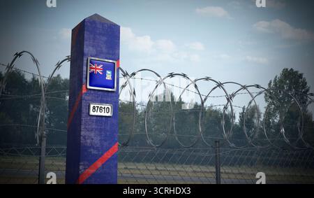 Poste frontière avec drapeau des îles Falkland - illustration 3D. Banque D'Images