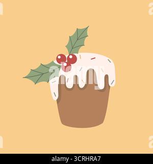 Pudding de Noël avec glaçage et illustration vectorielle festive de baies de houx Illustration de Vecteur