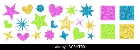Motifs sans couture paillettes et autocollants en forme d'étoiles et de coeurs. Textures de paillettes vectorielles lumineuses en rose, bleu, vert et or. Parfait pour noël Illustration de Vecteur