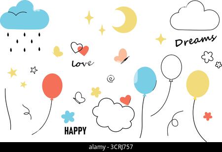 Ensemble de nuages multicolores et étoiles Illustration de Vecteur