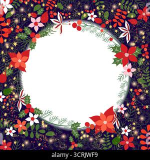 Couronne de Noël, fond de vacances avec des branches de pin poinsettia et houx dans les couleurs rouge et verte avec espace de copie Banque D'Images