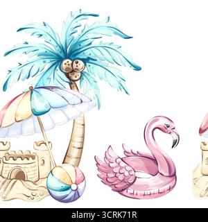 Papier peint de fond de motif sans couture avec des vibrations d'été avec des éléments de plage comme des palmiers, des châteaux de sable, des parasols colorés et des flamants roses amusants Illustration de Vecteur