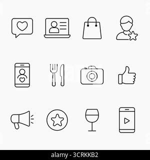 Collection d'icônes de contour minimal comprenant du contenu généré par les consommateurs, des médias sociaux, des achats, des éléments alimentaires et de style de vie, des illustrations vectorielles Illustration de Vecteur