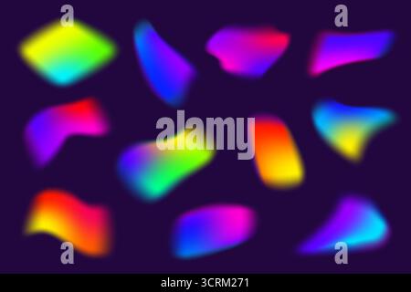 Formes dégradées avec texture floue sur fond sombre. Eléments fluides maillés colorés. Blobs de vecteur holographique souple liquide avec aura. Brillant Illustration de Vecteur