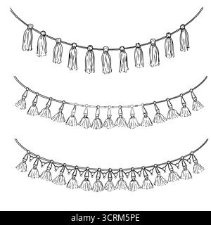 Frange de pompons, noeuds et rubans, croquis noir et blanc. Illustration vectorielle. Une guirlande festive, un ensemble de silhouettes, isolé sur un backgro blanc Illustration de Vecteur