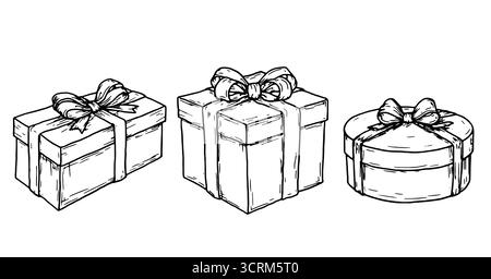 Coffrets cadeaux avec un arc de différentes formes, croquis noir et blanc. Illustration vectorielle. Un ensemble de forfaits vacances, isolé sur un fond blanc. Bir Illustration de Vecteur
