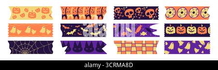 Ruban washi d'Halloween avec citrouilles, crânes et chauves-souris pour un artisanat effrayant. Bandes orange, violettes et noires avec fantômes et bonbons, toiles d'araignée et globes oculaires. Rubans adhésifs décoratifs d'octobre. Illustration de Vecteur