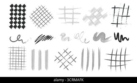 Motifs de grille de crayon dessinés à la main avec des textures hachurées, des coups de pinceau et des griffonnages pour des arrière-plans artistiques ou des superpositions. Marques noires et grises avec bords rugueux. Eléments de conception graphique organique. Illustration de Vecteur