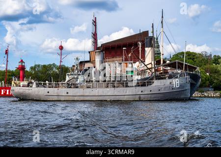 Désencombrer le dragueur de mines de la marine suédoise Sprängaren de la première Guerre mondiale au musée Vasa sur l'île de Djurgården à Stockholm, Suède, en Europe du Nord Banque D'Images