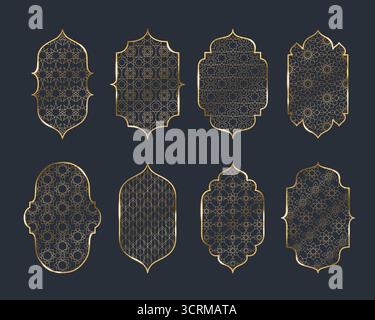 Fenêtres arabes avec des motifs géométriques dorés sur bg foncé pour l'architecture islamique et la conception de mosquée. Cadres ornementaux orientaux avec motifs, détails arabesques traditionnels et éléments décoratifs élégants. Illustration de Vecteur