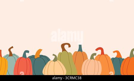 Modèle atmosphérique confortable avec des citrouilles et un espace de copie. Fond d'automne chaud avec des gourdes de différentes variétés. Bannière horizontale vierge pour l'automne Illustration de Vecteur