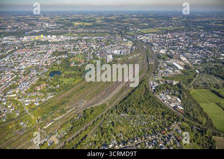 Vue aérienne, gare de triage de Hamm, vue sur la gare centrale de Hamm, le port et le centre-ville, émetteur de la tour de télécommunication de Hamm, quartier de Pelkum, Ham Banque D'Images