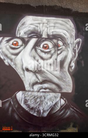 Graffiti d'un visage déformé et effrayant : Torridge Vale Creamery, fermée en 1993, abandonnée, abandonnée et Mecque des explorateurs urbains, Torrington, Devon Banque D'Images