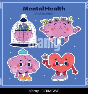 Personnages expressifs du cerveau et du cœur dans la collection d'autocollants de santé mentale émotionnelle Illustration de Vecteur