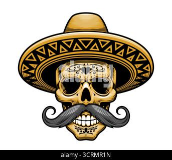 Crâne en chapeau sombrero mexicain avec moustache Illustration de Vecteur
