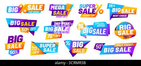 grandes bannières de vente, étiquettes de prix et autocollants de réduction Illustration de Vecteur