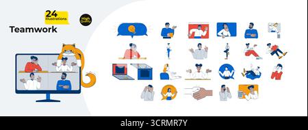 Télétravail des employés travaillant à distance, maquette d'illustrations de dessins animés Illustration de Vecteur