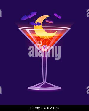 Boisson cocktail effrayante d'Halloween avec des yeux et des chauves-souris Illustration de Vecteur