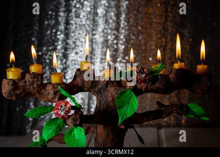Menorah faite à la main conçue en forme d'arbre, symbolisant la fête tu BiShvat, également connue sous le nom de nouvel an juif pour les arbres Banque D'Images