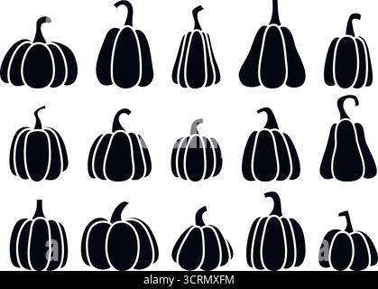 Citrouilles silhouette noire de différentes tailles et formes. Icônes de citrouille d'ombre d'encre. Clip art de légumes de gourde dessiné à la main, éléments vectoriels Illustration de Vecteur