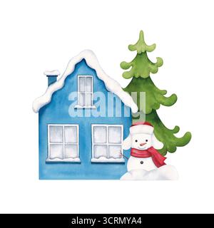 Jolie maison bleue avec un toit couvert de neige avec bonhomme de neige, sapin et neiges. Aquarelle illustration dessinée à la main. Banque D'Images