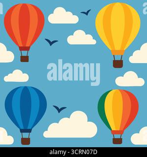 Une scène de ciel joyeuse avec des ballons colorés dérivant devant des nuages doux et de minuscules oiseaux sur un fond bleu adapté aux thèmes de voyage Illustration de Vecteur