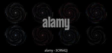 Ensemble d'éléments de tourbillon de point abstrait, éléments de logo vectoriel circulaire sur fond noir Illustration de Vecteur