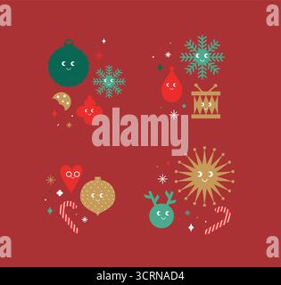 Étiquettes de dessin animé de Noël avec des éléments neige, cerf, jouet, jouet arbre, arbre, flocon de neige, cercle, coeur, tambour, dessin de bonbons dans un style mignon souriant avec de la couleur Illustration de Vecteur