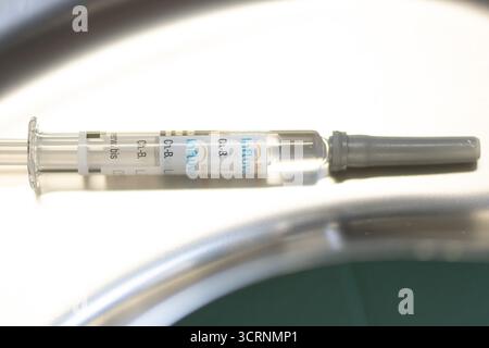 02 octobre 2025, Saxe, Dresde : une seringue pré-remplie contenant un vaccin antigrippal se trouve dans un boyau de rein lors d'un événement de presse à l'hôpital universitaire de Dresde pour la saison grippale 2025. Photo : Sebastian Kahnert/dpa Banque D'Images